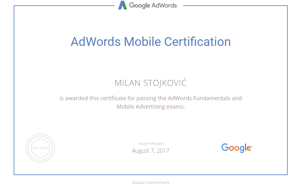 AdWords mobile sertifikat milan stojkovic