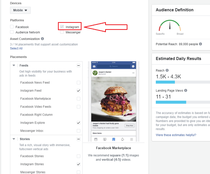 instagram placement fb ads manager